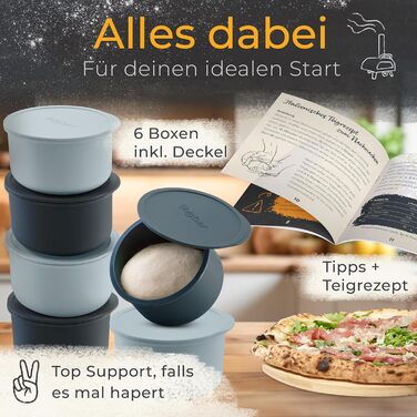 Pizza Ball Box with Lid, Set of 4 - Space-saving dough box made of non-stick silicone - Up to 350g pizza dough box - Proofing box, pizza accessory, pizza box - Black/Gray - Ø13cm (6 pieces black+gray)