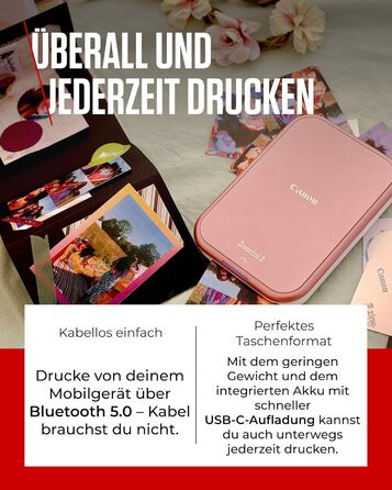 Canon Zoemini 2: Портативний фотодрук, Bluetooth 5.0, USB-C зарядка (Рожеве золото)