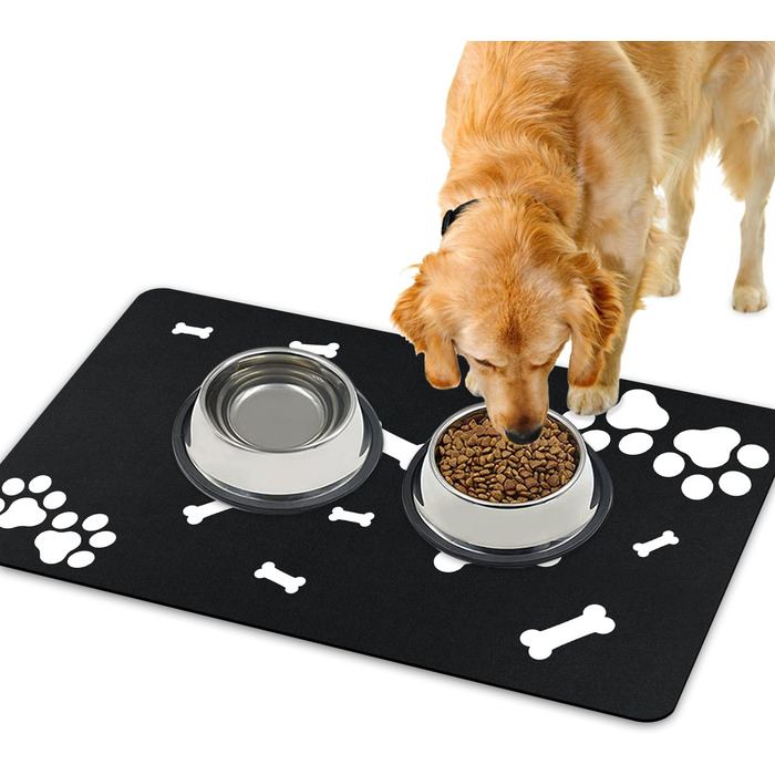 Килимок для годування домашніх тварин, надпоглинувач, для собак та котів, з антиковзким гумовим дном, швидковисихаючий, можна прати, 40 x 60 см, 2 пари малюнків лап, чистий чорний кістяний візерунок