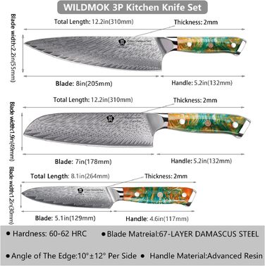 Набір кухонних ножів WILDMOK з дамаської сталі (3 предмети), японська гострота, з ергономічною ручкою з жовтої смоли