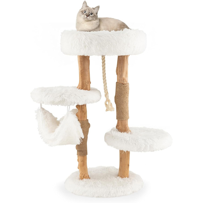Дерев'яна кігтеточка SOARS для котів з 3-ма природними стовбурами, ліжко та плюшеві поверхні, з іграшковим м'ячиком та джутовим мотузком, багатоярусна, 59 x 49 x 110 см, білий колір