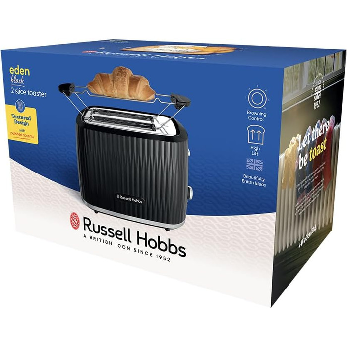 Тостер Russell Hobbs Eden: 2 відділення, 6 рівнів підсмажування, підйом, розморожування, підігрів, крихтозбірник, насадка для бургерів, чорний (27374-56)