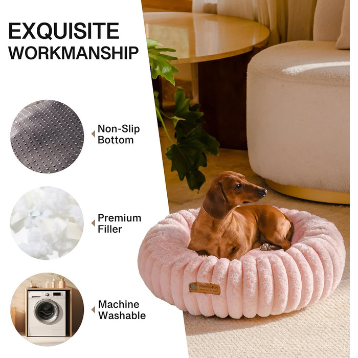Кругле м'яке ліжко для собак MEWOOFUN, рожеве, 64x64x18 см, з антиковзною основою