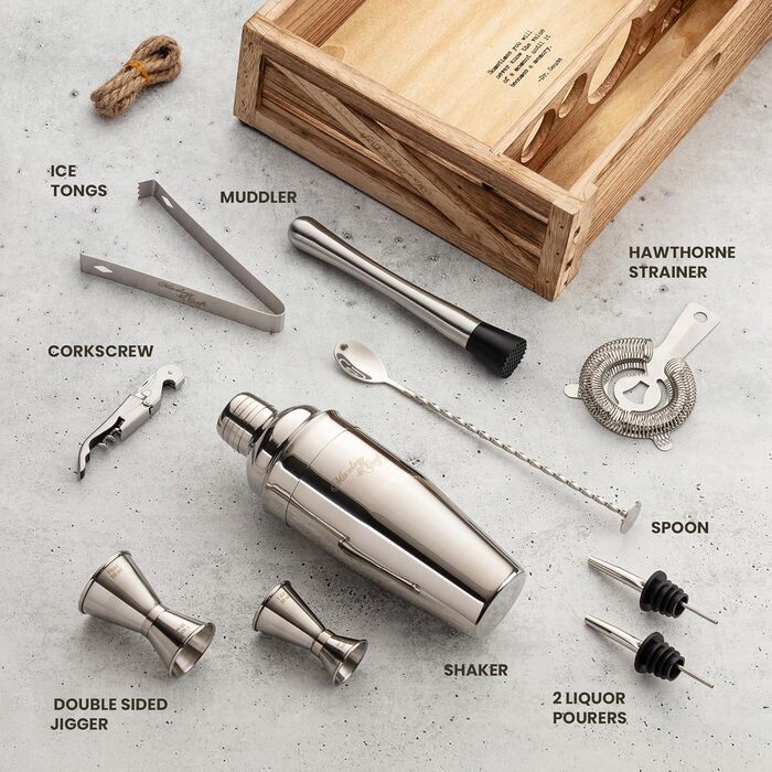 Набір для приготування коктейлів Mixology & Craft Cocktail Shaker Set 11-tlg. - Набір для бармена з нержавіючої сталі з аксесуарами (чорний, коричневий, дерево)