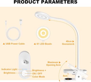 LED лампа для читання ZAPLIT з кріпленням на ліжко – 3 режими, 10 яскравостей, USB-C, гнучкий шийка 40 см, для спальні, робочого столу та кемпінгу, білий, діаметр 3,5 дюйма