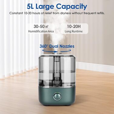 Humidifier Bedroom 5L, Vankarr Ultrasonic 28dB Quiet Air Humidifier Top-Fill Room Humidifier with 360° Swivel Nozzle, Increase Humidity for Children's Room, Office, Baby, Plants, Green
