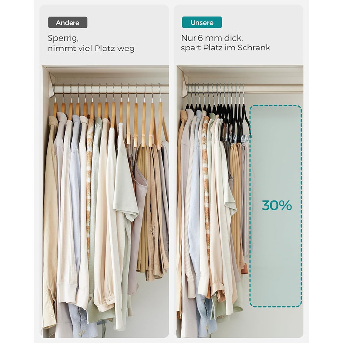 SONGMICS Velvet Clothes Hangers, 20-Piece Set, Skirt Hanger, 42.5 cm wide, with adjustable clips, non-slip, space-saving, for trousers, coats, dresses, black CRF012B20