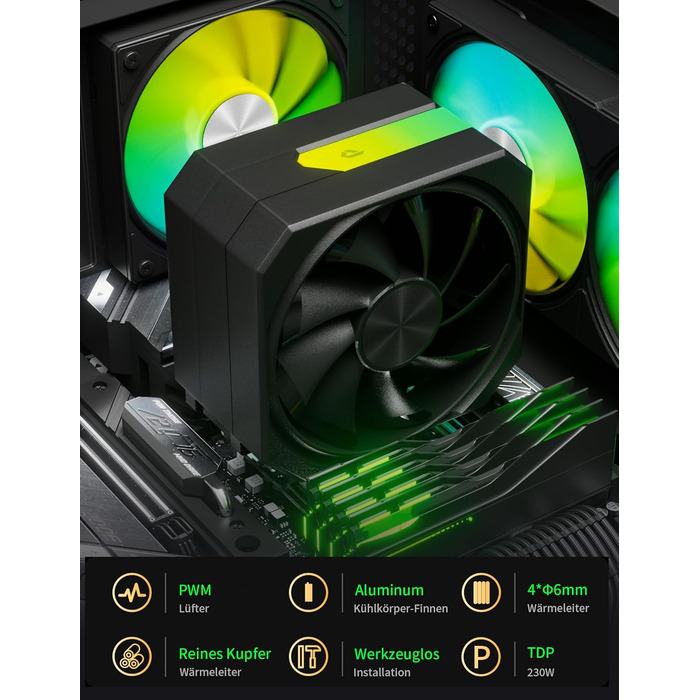 upHere Кулер для CPU з ARGB підсвічуванням, 4 теплові трубки, 120мм вентилятор, сумісний з AMD AM4 AM5/Intel 2011/2066, ПК кулер up1KC4