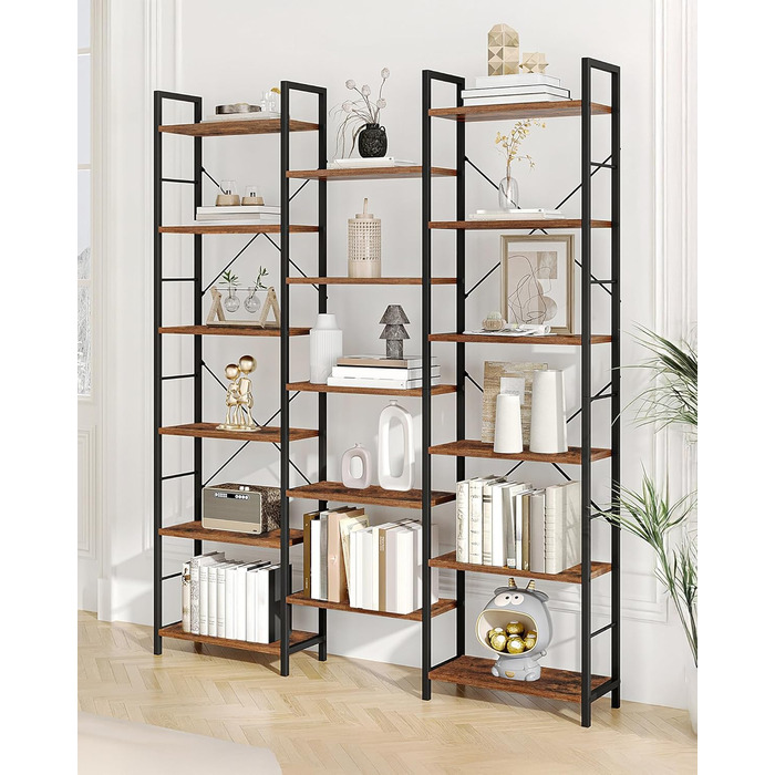 Книжкова шафа Hzuaneri, 17 полиць, 6 ярусів, регульована, 340 кг, 24x152x186 см, для вітальні та офісу, вінтаж, коричнево-чорна