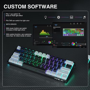 Механічна ігрова клавіатура AULA 60% з RGB-підсвічуванням, Hot-Swap, Type-C, блакитні перемикачі (чорно-сірий)