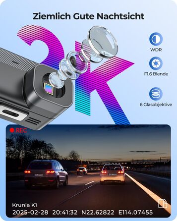 Відеореєстратор Krunia 2K WiFi Mini Dashcam Auto з GPS, CPL, WDR, Нічне Бачення, 24/7, Магнітне кріплення, Superkondensator, 170° Широкий Кут