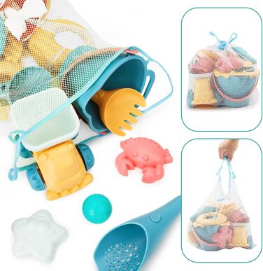Sanlebi 17-Piece Beach Sand Toy Set with Water Wheel, Beach Buggy, Bucket, Mesh Bag, Sand Molds, Soft Plastic Toy Beach for Kids Boys Girls