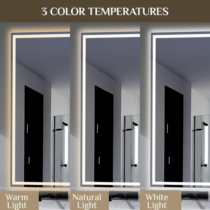 Дзеркало для ванної кімнати Clevich з підсвічуванням 70x50 см, LED, 3 кольори світла, регулювання яскравості, захисне скло, сенсорне керування, функція пам'яті, антизапар, 100x60 см