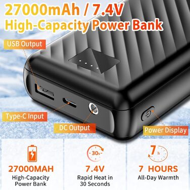 Обігріваюча жилетка для жінок та чоловіків з акумулятором 27000 mAh/7.4V, 17 зон обігріву, 3 режими температури, чорна, M-L