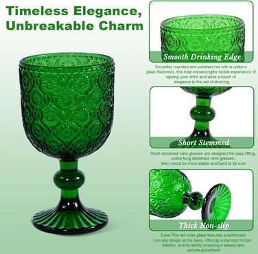 Набір келихів для вина, вінтажний стиль, 350мл, 6 шт, кришталеве скло з тисненням, придатні для миття в посудомийній машині, рожевий