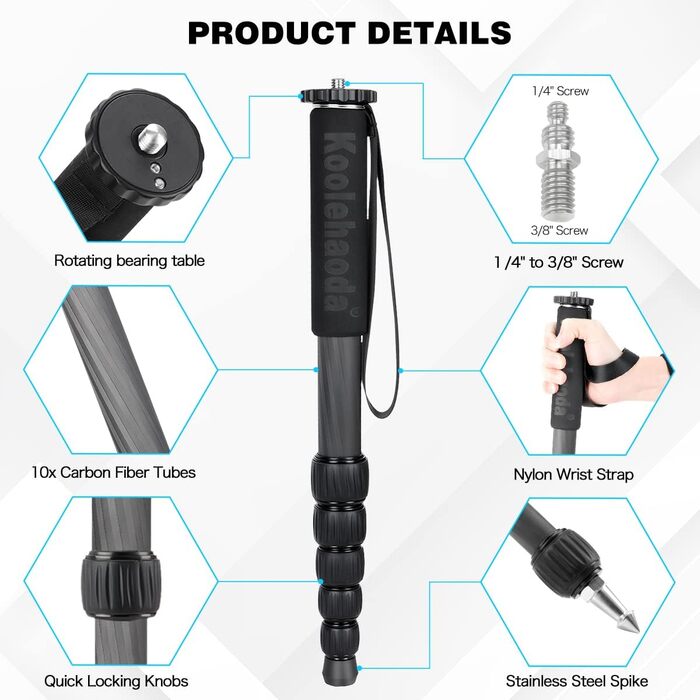 Штатив Koolehaoda MP286C з вуглецевого волокна, 6-секційний, компактний, до 10 кг