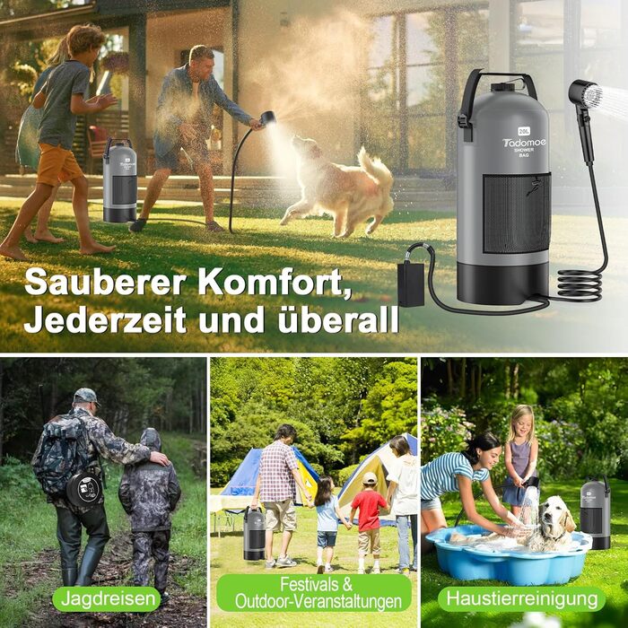 Сонячний душ Tadomoe 20L з насосом та сумкою, 2000mAh, для кемпінгу, пляжу, подорожей (сірий)