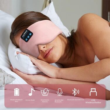 Маска для сну Joythink з Bluetooth 5.3 навушниками, шовкова, для зручного сну на боці, 16 год. роботи, рожева
