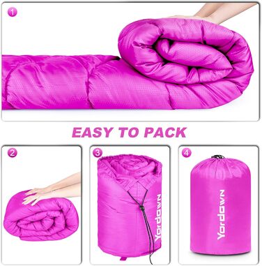 Yordawn Sleeping Bag - Ultralight 3-4 Season Sleeping Bag for Adults & Kids - Waterproof & Compact Travel Sleeping Bag (Rose Pink)