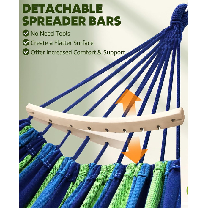 Гніздо-гамак для відпочинку з бавовни, 300x150 см, місткість до 300 кг, з кріпленнями та подушкою (блакитно-зелена смужка)