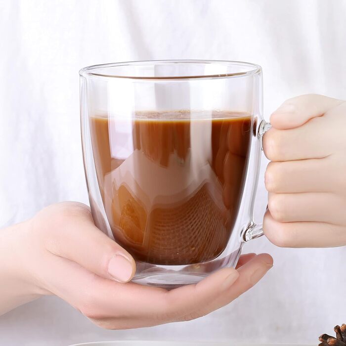 CNGLASS Double-Walled Macchiato Glasses 500ml/17oz, Large Insulated Coffee Cups Glass 2-Pack, Clear Coffee Glasses with Handles for Hot and Cold Drinks