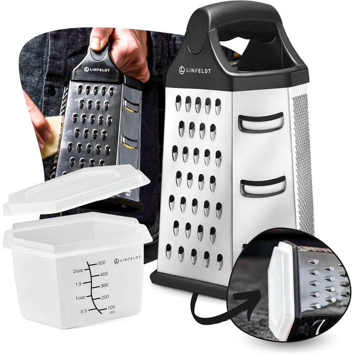 Терка кухонна зі сталі нержавіючої з контейнером, 23x14 см. Багатофункціональна терка для кухні, безпечна та зручна у використанні.