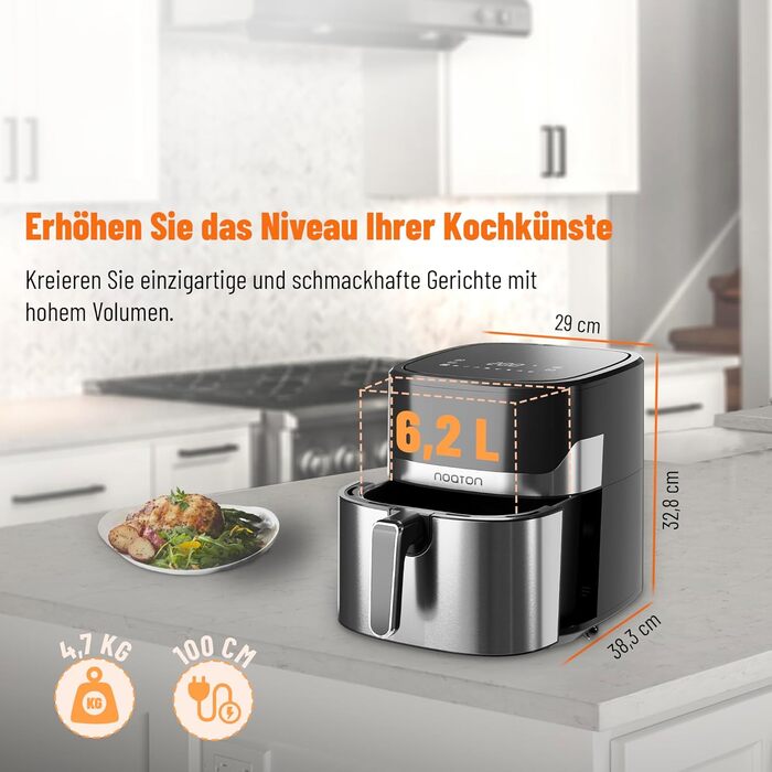 Фритюрниця Noaton з гарячим повітрям 6,2 л, цифровий Air Fryer, 8 програм, 1600 Вт, без олії, регулювання температури 80-200°C, з кулінарною книгою та кухонними щипцями, компактна