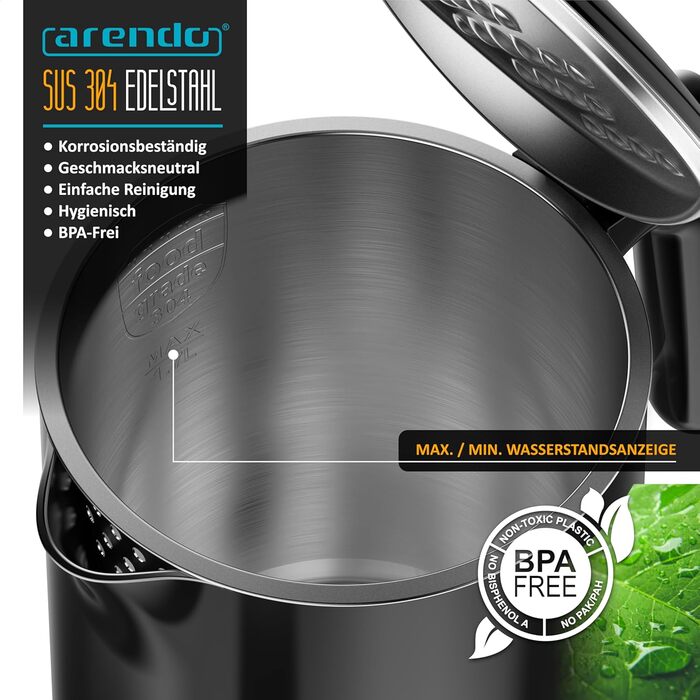 Електричний чайник Arendo з регулюванням температури, нержавіюча сталь, подвійні стінки Cool Touch, дисплей, бездротовий, 2200 Вт, 1,7 л, захист від перегріву, функція підтримання тепла, чорний