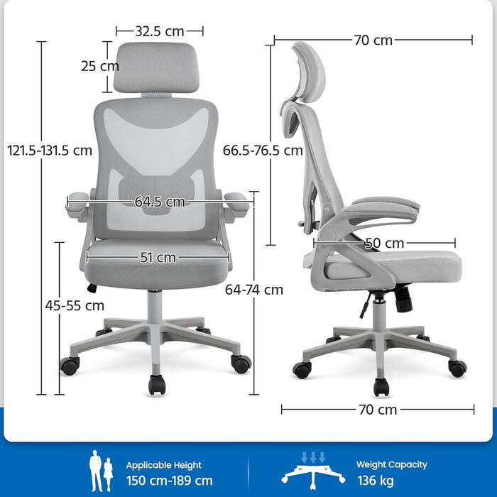 Офісний крісло Yaheetech ергономічне, з підйомними підлокітниками, поворотне з підголівником, для керівника, з функцією гойдання, до 136 кг, сірий