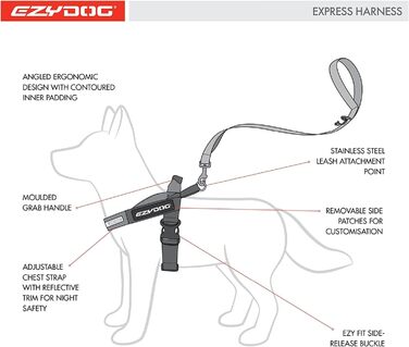 Шлейка для собак EzyDog Express - для маленьких, середніх та великих собак, світловідбиваюча, регульована, з м'якою підкладкою. Ідеально підходить для бігу та їзди на велосипеді (XS, Чорний). XS (42-53 см), Чорний