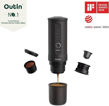 Outin Nano Portable Electric Espresso Machine, Camping Coffee Maker, Self-Heating with USB-C, Compatible with Ground Coffee & Nespresso Capsules, Space Gray