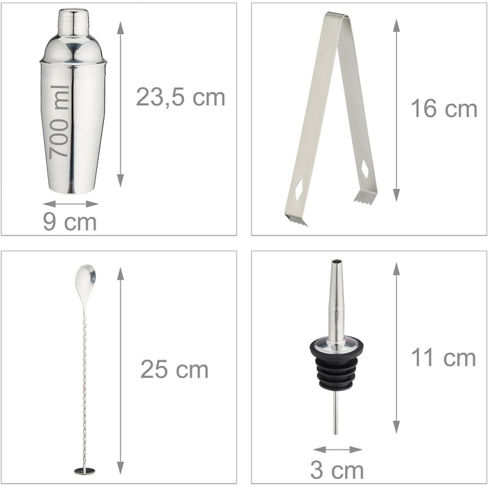 Набір для коктейлів Relaxdays 16 предметів: барний набір зі стійкою, шейкер, джигер, барна ложка, щипці, нержавіюча сталь та бамбук, сріблястий/натуральний