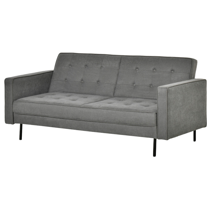 HOMCOM 3-Seater Sleeper Sofa with Reclining Function and Adjustable Angle, Vintage Design Made of Eucalyptus Wood and Cotton in Grey