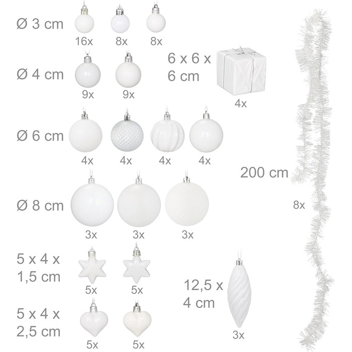 Набір прикрас для ялинки Relaxdays 110 шт. (пластик) - кулі, мішура та інше. Новорічний декор для ялинки, білий