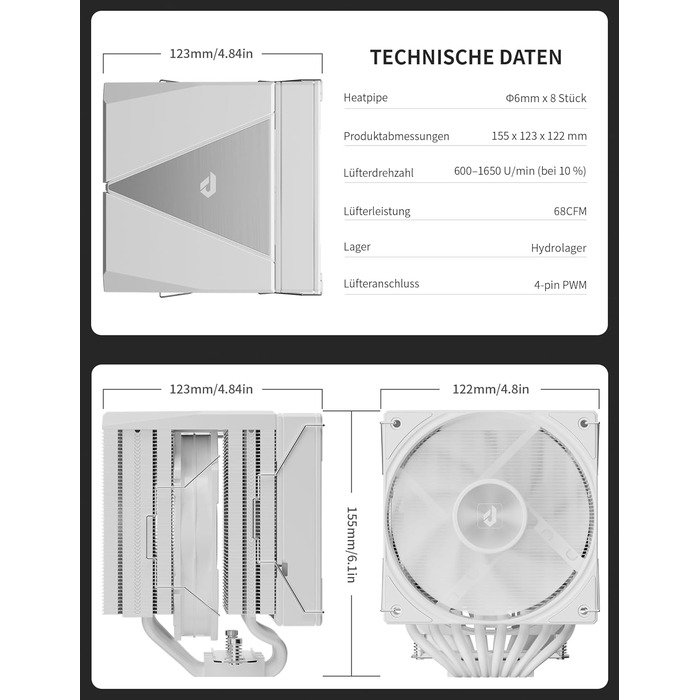 upHere UE2 Elite KC8C CPU кулер ARGB 120mm, Dual-Tower з 8 теплових трубок, TDP 280W, для процесорів AM5/AM4/AM3 Intel 1851/1700/115x/1200, тихий кулер для ПК (UE2 Elite T8-White)