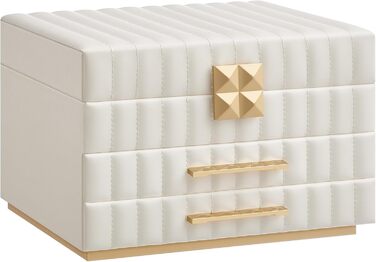 SONGMICS HOME ANAH - Шкатулка для прикрас зі дзеркалом, 3 ящики, 2 висувні шухляди, PU шкіра, ефект пасування, 21,5 x 24 x 15,8 см, подарунок, хмарно-білий JBC183W01