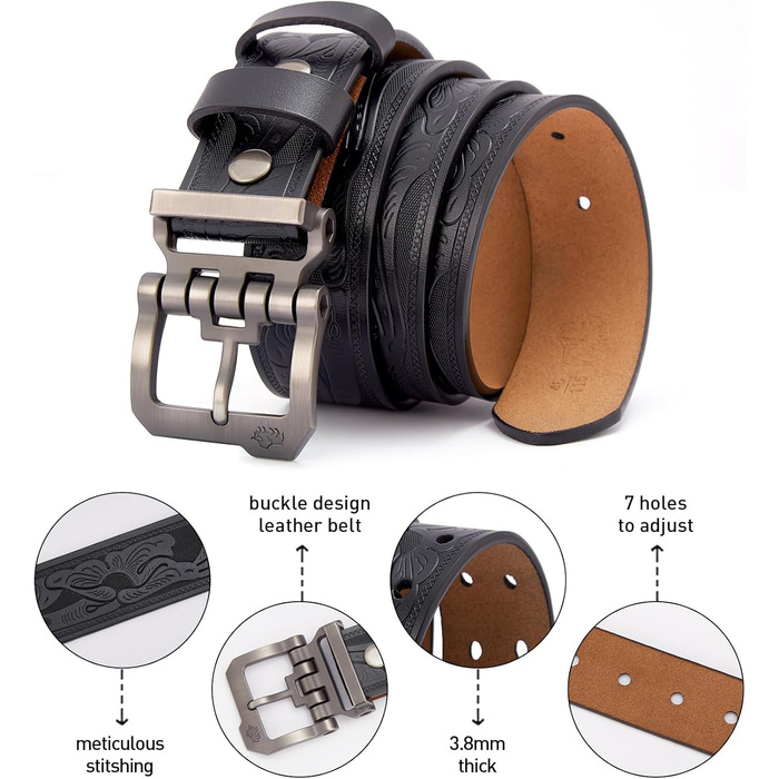 Шкіряний ремінь BISON DENIM для чоловіків, класичний пояс для джинсів та бізнес-одягу, ширина 38 мм, довжина 130 см (на талію 109-114 см), у подарунковій коробці