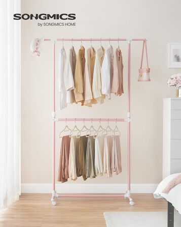SONGMICS Clothes Rack with 2 Clothes Rods, Extendable Clothes Rail, with Wheels, Coat Rack, Height Adjustable between 113 and 180 cm, Lower Rod Adjustable, Pastel Pink LLR401R01