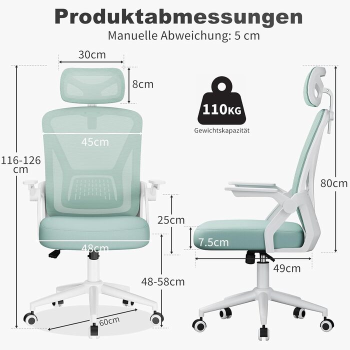 Офісний стіл Naspiro Bürostuhl: ергономічний стілець з сітчастою спинкою, підтримкою попереку, м'яким сидінням та регулюванням висоти. Кольори: сірий (зелений), з підголівником. Для дому та офісу.