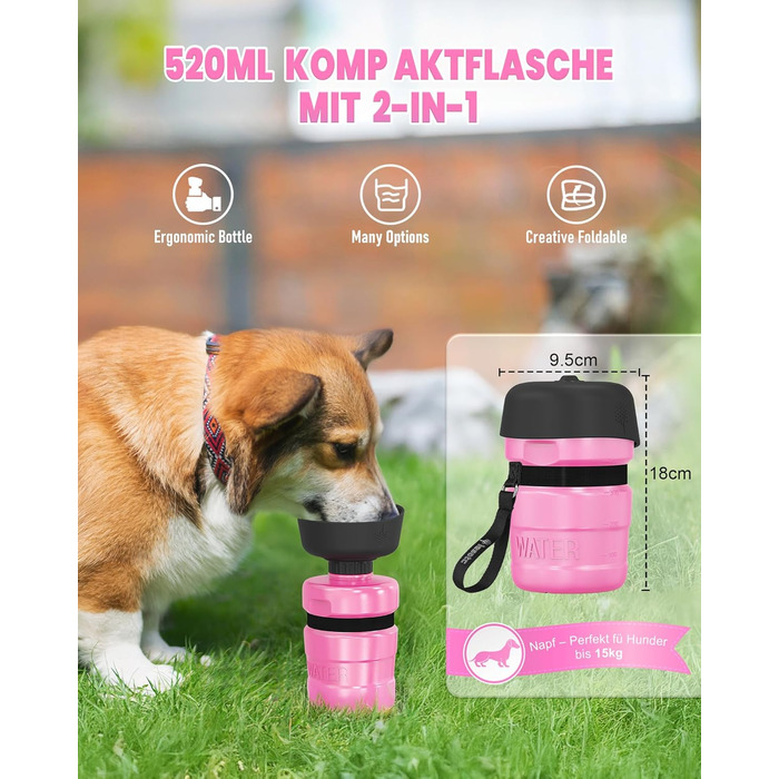 Складана пляшка для води для собак Lesotc 520мл, рожева, для прогулянок, подорожей та кемпінгу