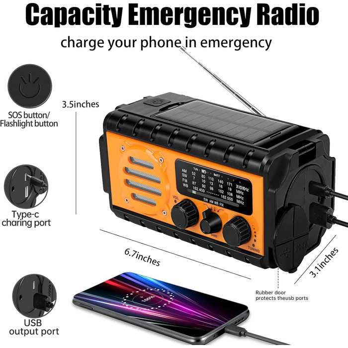 Радіо на ручному валу з сонячною панеллю, 20000 mAh Powerbank, AM/FM/SW/WB радіо погоди, 4 джерела живлення, ліхтарик, USB-C зарядний пристрій & SOS-сигнал, водонепроникне (IPX6) для відпочинку на природі, кемпінгу, будівельних майданчиків, помаранчеве