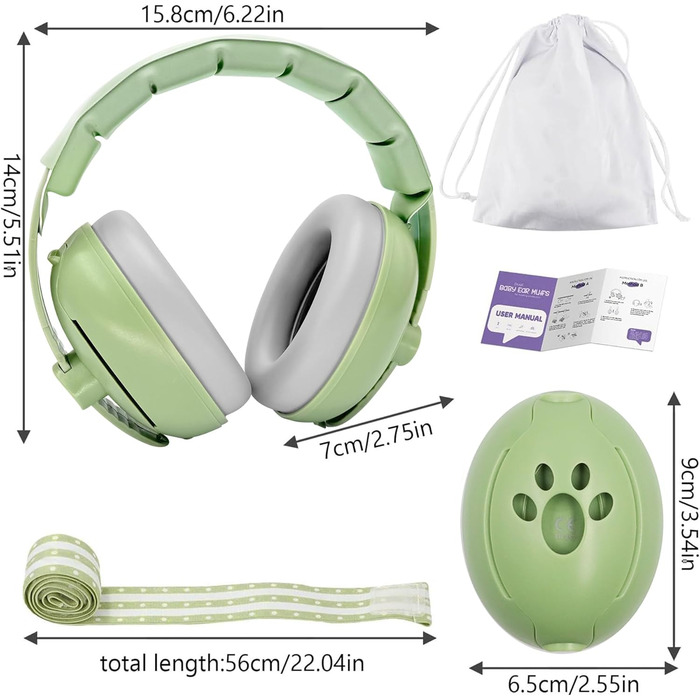 Навушники для захисту слуху дитини 0-4 роки, 2-в-1, шумопоглинання 24dB, захист вух для дітей, новонароджені, регульоване наголов'я, активний відпочинок для сім'ї (зелений)