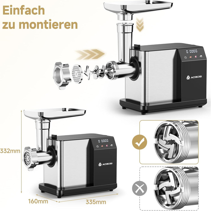 AAOBOSI Electric Meat Grinder - 3000W, LED Display, 3 Speeds, Anti-Clogging, Sausage Maker & Kibbeh Maker - Stainless Steel for Home Use