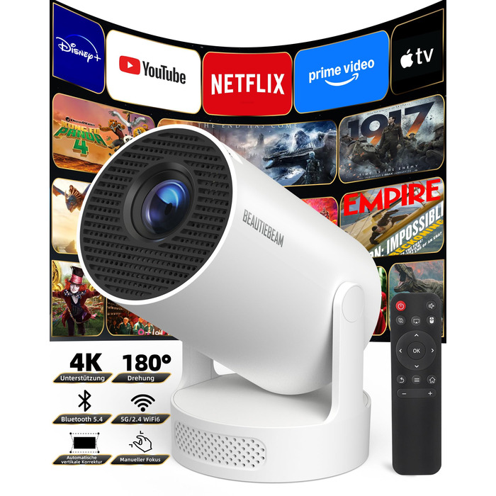 Beautiebeam Beamer: Міні проектор 4K з підтримкою 1080P, Android 11, Bluetooth 5.0, Wi-Fi 6, Автоматична корекція трапеції, для дому та на відкритому повітрі