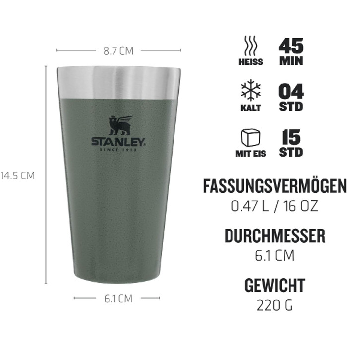 Термокружка Stanley Adventure Stacking Bierkrug 473 мл з нержавіючої сталі, зелений колір, з подвійними стінками, вакуумна ізоляція, BPA-Free, для зберігання напоїв холодними до 4 годин, можна мити в посудомийній машині