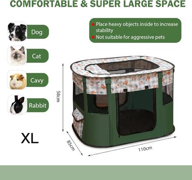 Складана огорожа для собак, вольєр для цуценят, переносний вольєр для тварин, вольєр для цуценят для дому, складаний вольєр для кошенят, собак, кроликів, XL (Темно-зелений), 110 * 85 * 58 см