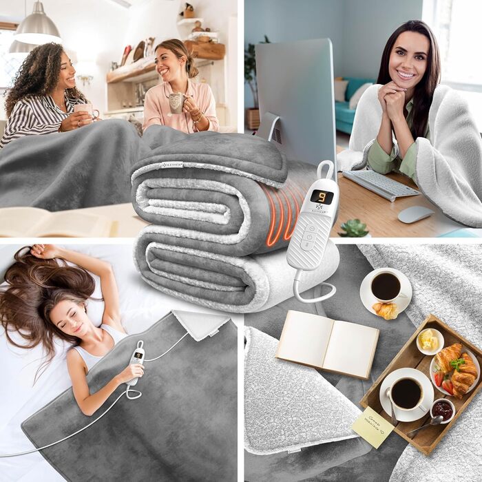 Електрична гріюча ковдра KESSER® 180x130 см з автовимкненням | 9 температурних режимів | Зручна ковдра на ліжко та диван | Можливість прання до 40°C | Сіра | з таймером та цифровим дисплеєм