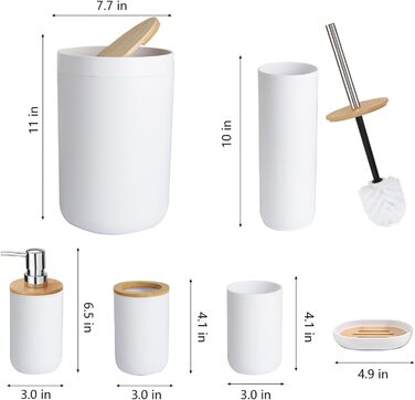 CERBIOR Набір аксесуарів для ванної кімнати з бамбука, 6 предметів: мильниця, тримач для зубних щіток, стакан для ополіскування, дозатор для лосьйону, флакон, сміттєвий контейнер, щітка для унітазу, білий