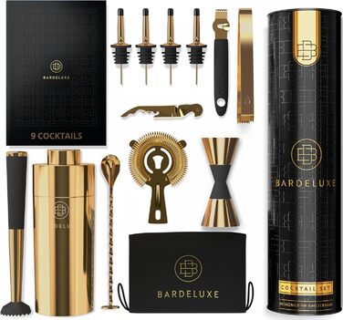 BarDeluxe® Cocktail Set, 12-Piece | Bartender Set, Cocktail Mixer Set | 750ml Stainless Steel Cocktail Shaker, Cocktail Shaker Set, Bartender Set | Luxury Cocktail Gift Set (Deep Gold)