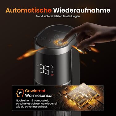 Електричний обігрівач PTC 2000W з керамічним нагрівачем, тихий, з термостатом та пультом керування, ECO режим, 70° осциляція, 12h таймер, захист від перегріву та перекидання, чорний, 1 шт.